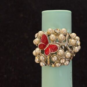“Diamond” and Faux Pearl Red Butterfly Cocktail Statement Ring